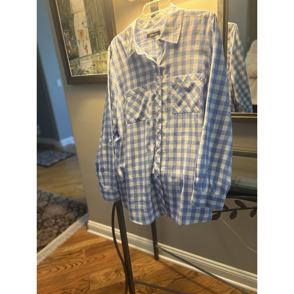 Relativety 100% Soft Cotton Womens 2X Blue & White Check Long Sleeve Comfort - Picture 6 of 11
